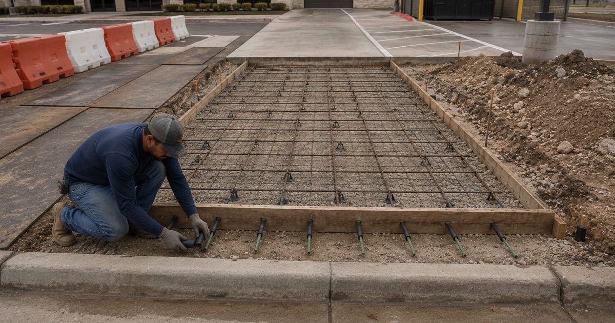 Dowels being set through a header board at a commercial drive approach in Cedar Park, formed square to the curb and gutter before the pour.