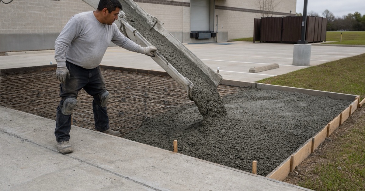 A ready mix chute being guided into a formed commercial slab in Cedar Park, the concrete building against the form.