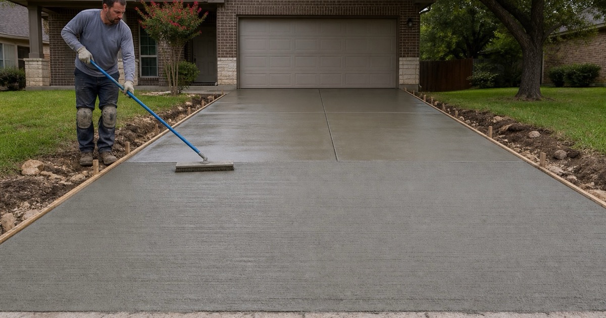 A broom finish being drawn across a new concrete driveway in Cedar Park, the textured half meeting the still smooth half in a clean line.