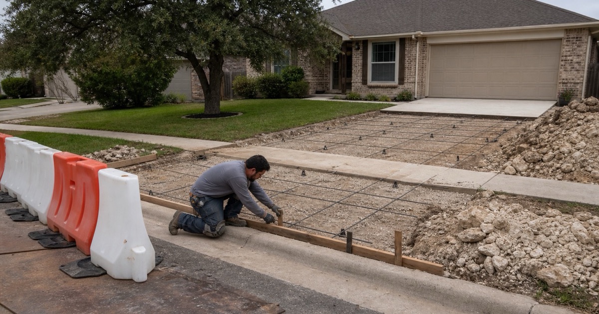 A drive approach being formed to the city detail in Cedar Park, the curb form set against the back of the existing curb and gutter.