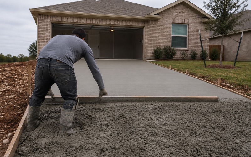 A screed board being drawn across a freshly placed concrete driveway in Cedar Park between two form boards.