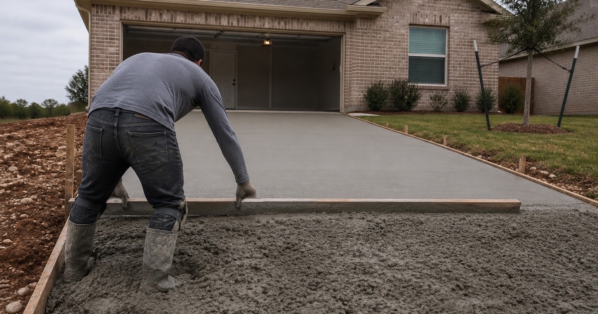 A screed board being drawn across a freshly placed concrete driveway in Cedar Park between two form boards.