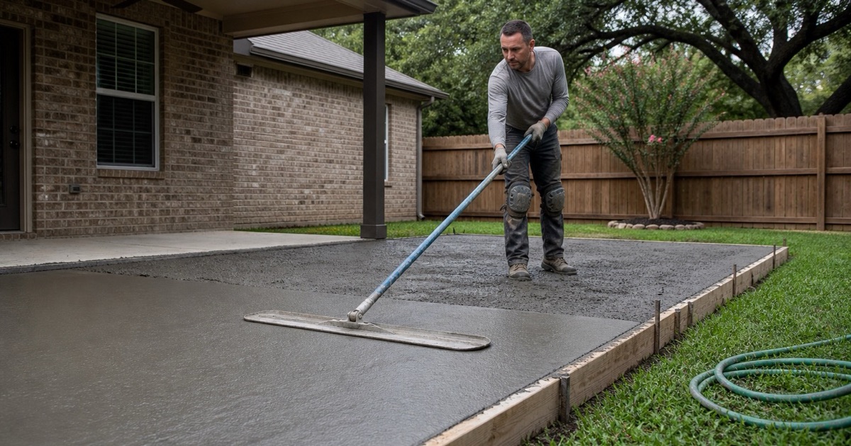 A bull float being drawn across a freshly placed concrete patio in Cedar Park, closing the surface before it sets.