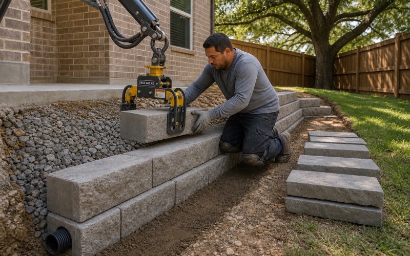 A segmental retaining wall going up course by course in Cedar Park, with drainage stone and pipe behind the first courses.