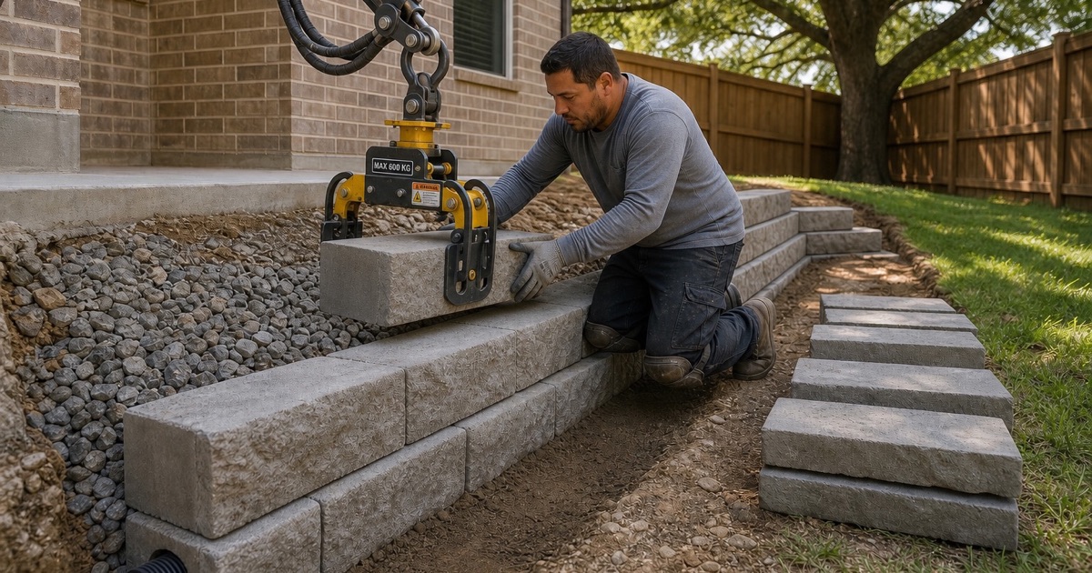 A segmental retaining wall going up course by course in Cedar Park, with drainage stone and pipe behind the first courses.