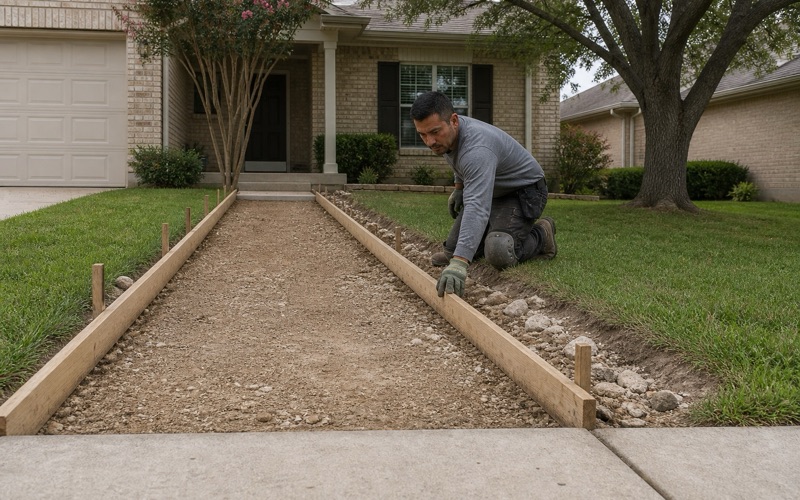 Forms being set for a new concrete walkway in Cedar Park, running from a porch landing to the city sidewalk.