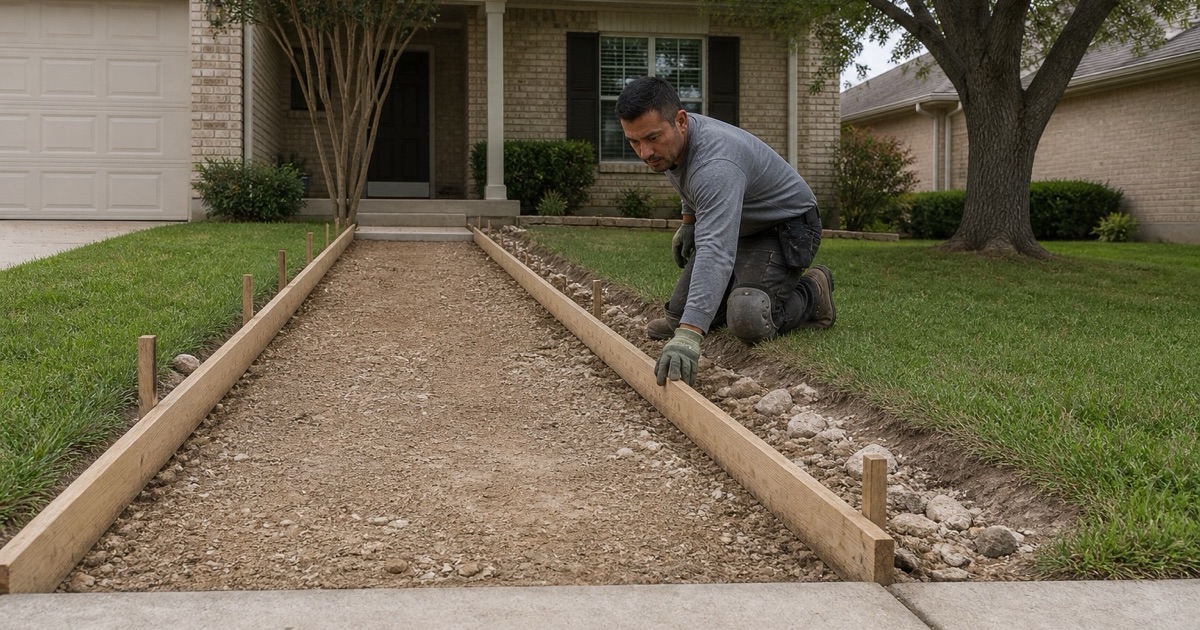 Forms being set for a new concrete walkway in Cedar Park, running from a porch landing to the city sidewalk.