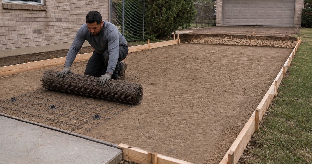 Welded wire mesh being rolled out on chairs over compacted base for a new concrete pad in Cedar Park, before any concrete.