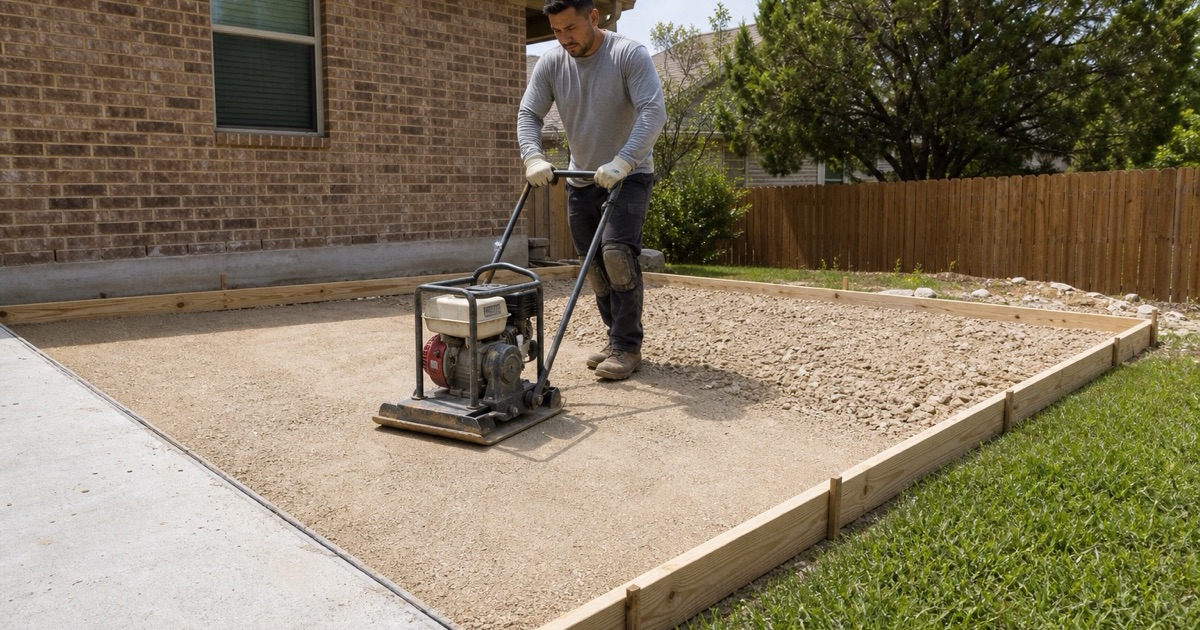 A plate compactor being run over base course in a formed pad in Cedar Park, ahead of a pour.