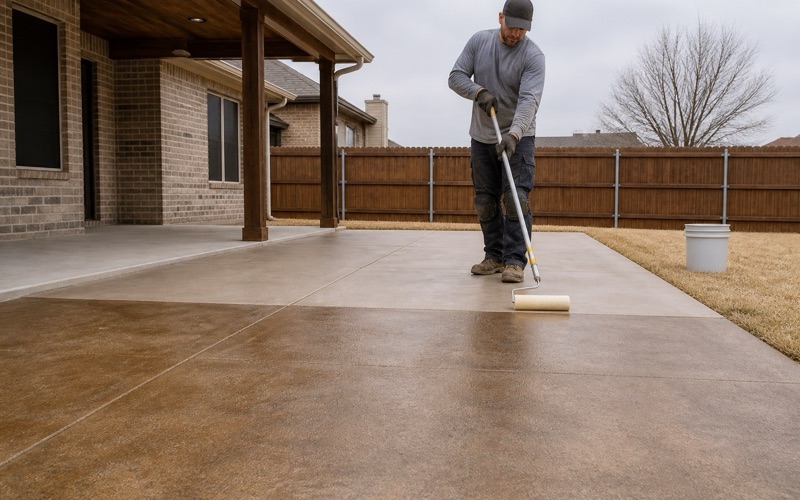 Sealer being rolled onto a cured decorative concrete patio in Cedar Park, the sealed half distinctly deeper in color than the dry half.