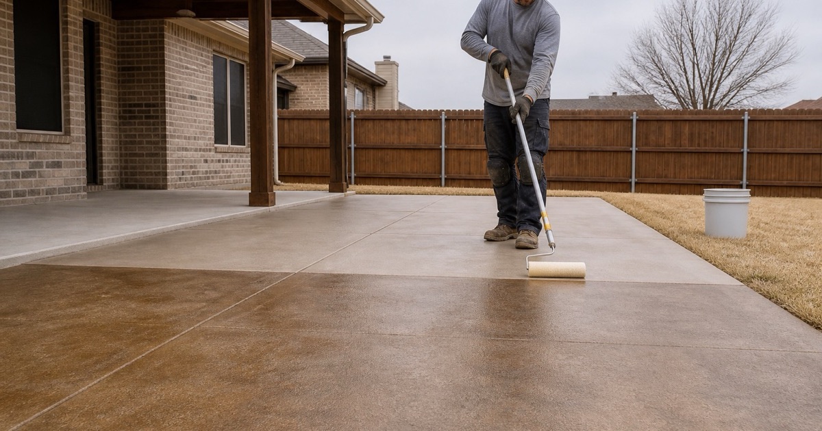 Sealer being rolled onto a cured decorative concrete patio in Cedar Park, the sealed half distinctly deeper in color than the dry half.