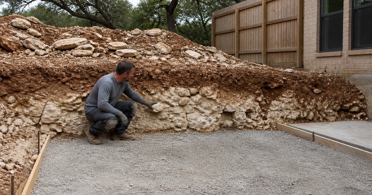 An open slab excavation in Cedar Park stopped on pale limestone about a foot down, with a worker holding a cobble of it against the cut face.