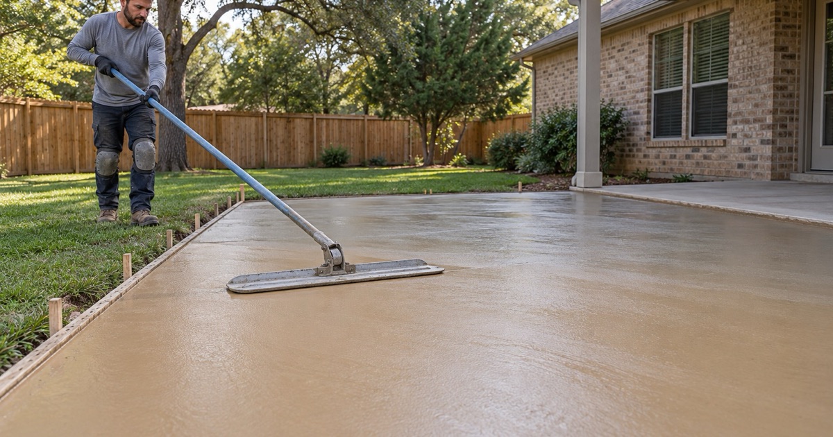 Color hardener being broadcast by hand across a freshly floated patio slab in Cedar Park, the treated half distinctly warmer than the untreated half.