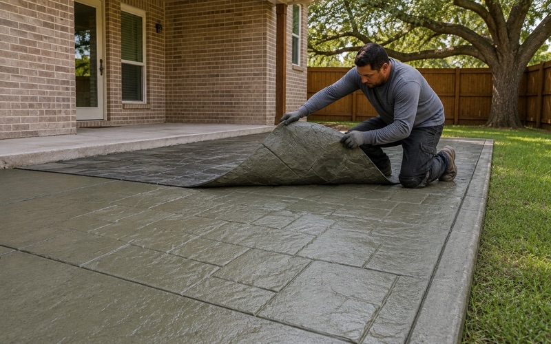 A stamp mat being peeled back off green colored concrete in Cedar Park, revealing the pattern beneath it.
