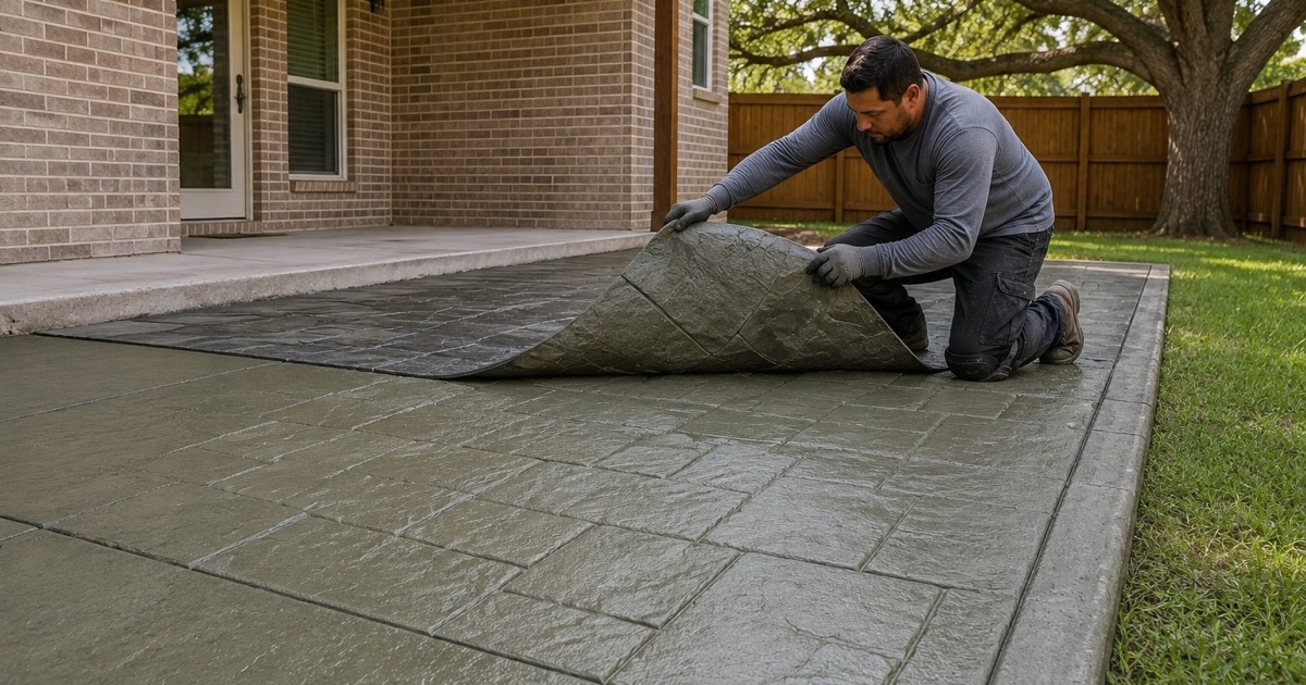 A stamp mat being peeled back off green colored concrete in Cedar Park, revealing the pattern beneath it.