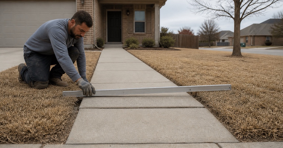 A settled concrete walkway panel in Cedar Park checked with a long straightedge laid across the low spot, the lip at the joint clearly visible.